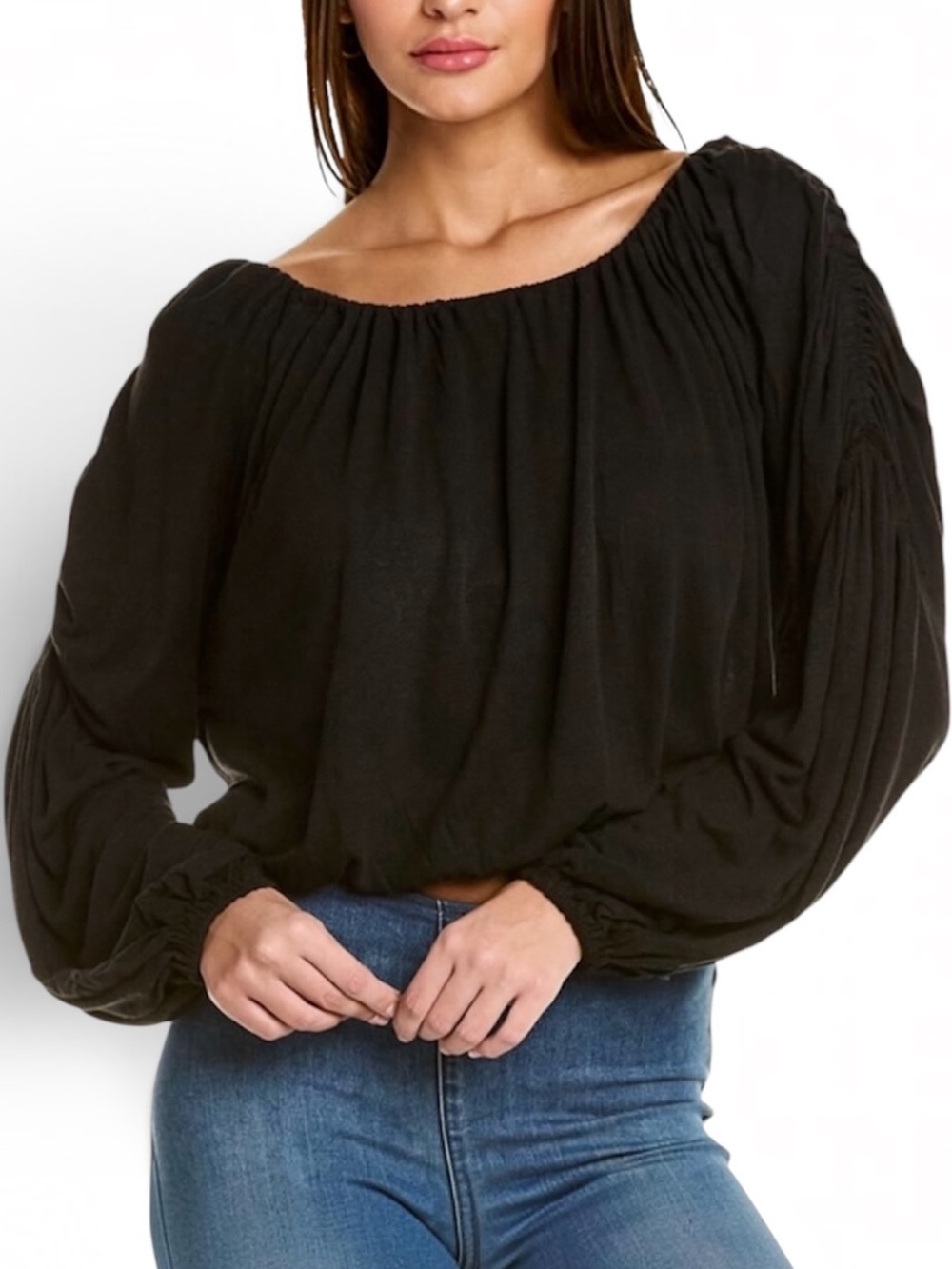 Free People “In a Dream” Linen Blend Crop Balloon Sleeve Top in Black Sz XS
